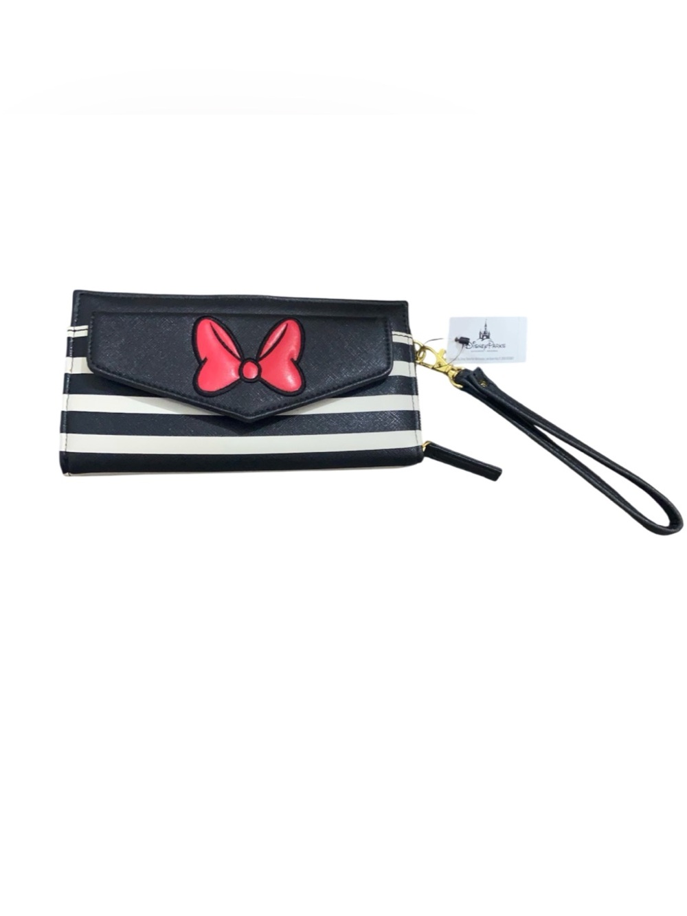 Disney Parks Minnie Mouse Wallet Wristlet Black White Stripe With Red Bow NWT